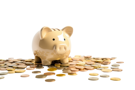Piggy bank with coins scattered around isolated on white background