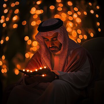 saudi man customer service feling love night mood orange backlight ,generative ai