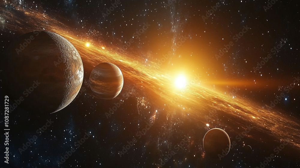Poster exploring the vastness of space with planets orbiting a glowing sun in a colorful cosmic landscape. 