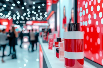 Sleek Red Perfume Bottle at a Vibrant Corporate Event