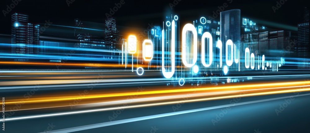 Poster a digital landscape featuring binary code and light trails, symbolizing technology and data flow.