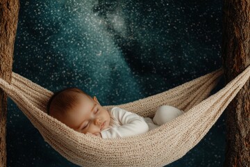 Sweet Dreams, Baby Sleeping Soundly in a Hammock Under a Starry Sky