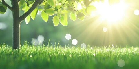 Obraz premium Beautiful green meadow with a tree in the park, sunlight and bokeh background. Nature landscape banner.