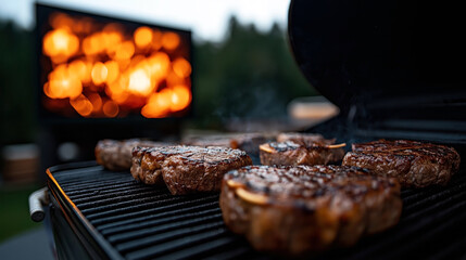 Close-up of sizzling steaks grilling on an outdoor barbecue with a blurred background of warm glowing lights in the evening.