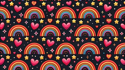 Rainbow and Heart Seamless Pattern A vibrant background with colorful rainbows, pink hearts, and sparkling stars on a black background.