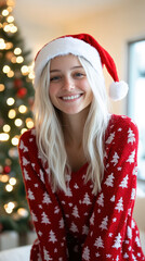 Femme aux cheveux blanc portant un bonnet de noël devant un arbre de noël