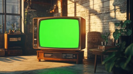 A retro-style TV displays a vibrant green screen surrounded by plants and sunlight in a comfortable...