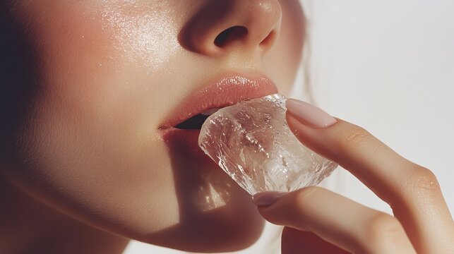 A woman playfully bites into a clear ice cube, her lips glistening in the sunlight, evoking a refreshing sensation on a hot summer day while radiating a sense of joy and relaxation.