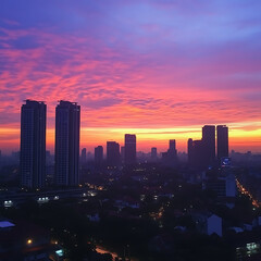 Fototapeta premium Breathtaking City Skyline at Dusk with Vibrant Purple and Orange Sky Illuminating Tall Buildings and Urban Landscape