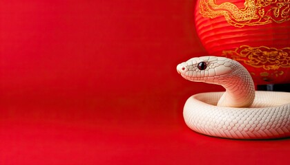 Fototapeta premium A white snake coiled on a vibrant red background, accompanied by a decorative lantern, creating a striking and festive atmosphere.