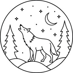 Howling Wolf at Night Under Starry Crescent Moon