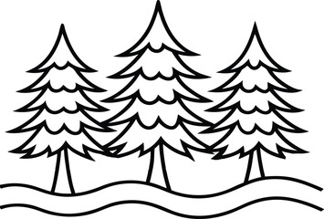 Three Evergreen Trees Winter Snowy Landscape Simple Line Art