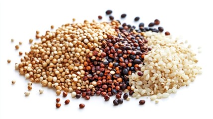 Close-up of a colorful assortment of mixed grains including quinoa, millet, and sesame seeds arranged beautifully on a white background for culinary inspiration.