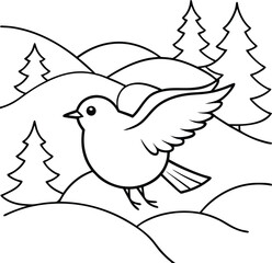 Winter Bird in Flight over Snowy Hills and Pines