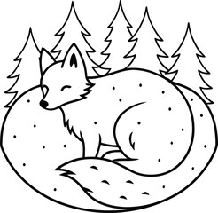 Cute Fox in Winter Forest Line Art, Simple Design, Coloring Page