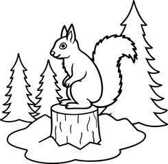 Adorable Cartoon Squirrel on Tree Stump in Evergreen Forest
