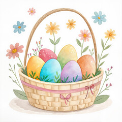 Pastel Easter eggs in a basket with flowers