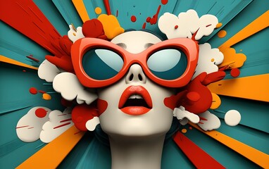 Fototapeta premium Vibrant Retro Inspired Pop Art Portrait of a Woman with a Diverse Array of Stylized Animated Facial Features Reminiscent of 1970s Underground Comics and Analog Film Aesthetics