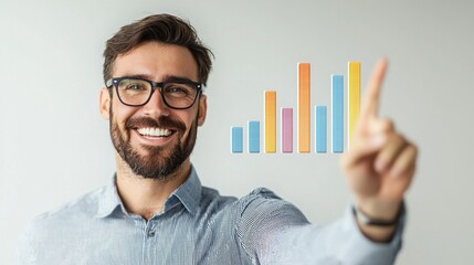 Business expert presenting growth metrics office setting infographic visualization professional environment engaging perspective