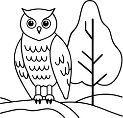 Line drawing of an owl standing on a branch next to a minimalist tree. Simple black and white illustration, possibly for coloring.