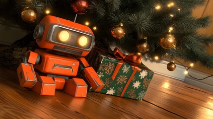 Fototapeta premium Christmas Robot Toy with Gift under Tree Festive Holiday Scene