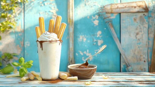 A delicious milkshake topped with whipped cream and crispy churros, set against a rustic blue backdrop.