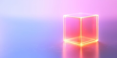 A glowing neon cube with vibrant purple and pink hues on a reflective surface.