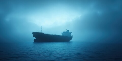 Obraz premium A large cargo ship navigates through thick fog, creating a mysterious maritime scene.