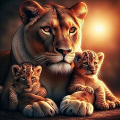 Majestic Lioness and Cubs Capture the protective nature of a lio