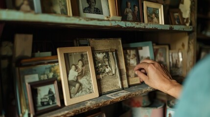 A person dusts a shelf filled with cherished family photos showcasing the care taken to preserve memories and maintain a tidy home