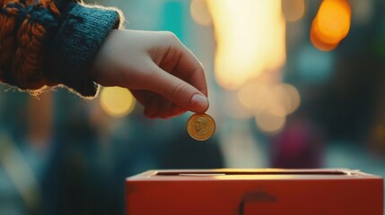 A person dropping a coin into a donation box, showcasing generosity and community spirit