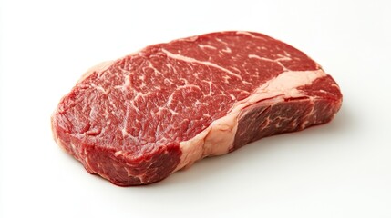 Fototapeta premium Close-up of a fresh beef steak showcasing rich marbling and texture on a clean white background suitable for culinary and food photography projects.
