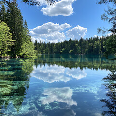 Fototapeta premium Serene Reflection of Lush Greenery and Clear Blue Sky Over Tranquil Lake Surrounded by Majestic Trees and Vibrant Nature in a Picturesque Landscape