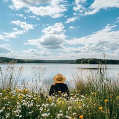 Obraz premium Serene Woman Sitting by the Calm Lake Surrounded by Wildflowers and Lush Green Grass Under a Blue Sky with Fluffy White Clouds