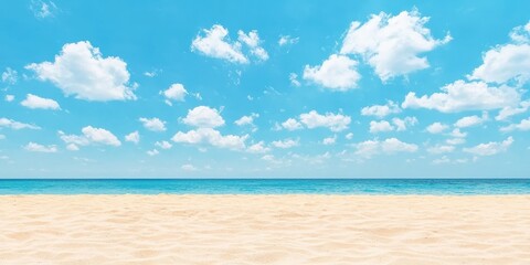 Fototapeta premium A serene beach with golden sand, tranquil ocean, and a clear blue sky, ideal for relaxation.