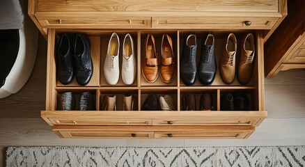An overhead shot of the top section of an open wooden shoe cabinet