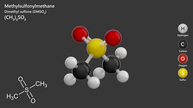 Methylsulfonylmethane (MSM). Medicament. Animated 3D model of a molecule. Molecular formula: C2H6O2S. Chemical model: Ball and sticks. Gray background. 3D rendering. Seamless loop.