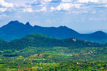 Beautiful landscape with mountains and blue sky. Yercaud hill station, Tamil Nadu, India