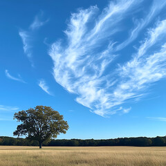 Obraz premium A Majestic Lone Tree Under a Vast Blue Sky with Wispy Clouds, Surrounded by Golden Grasses in a Peaceful and Serene Landscape Setting