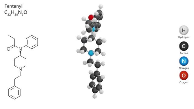 Fentanyl. Drug. Opioid analgesic. Animated 3D model of a molecule. Molecular formula: C22H28N2O. Chemical model: Ball and sticks. White background. 3D rendering. Seamless loop.