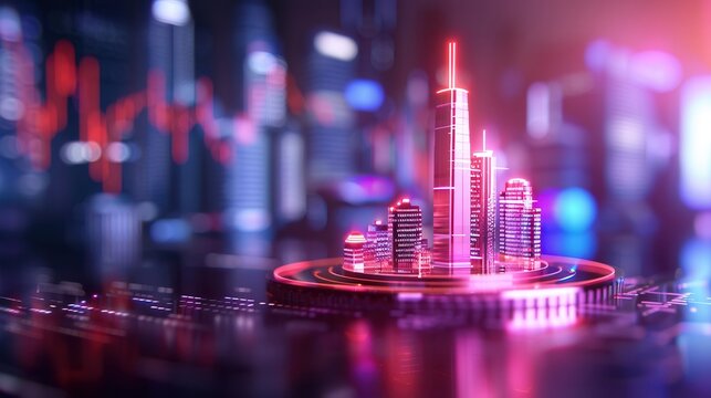 A futuristic smart city with neon pink lighting, glowing skyscrapers, and integrated digital technology representing urban innovation.