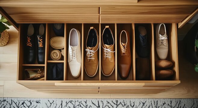 An overhead shot of the top section of an open wooden shoe cabinet