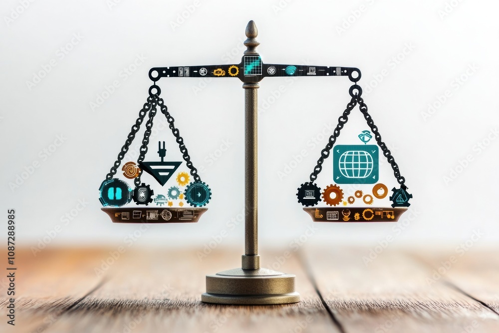 Poster scales represent the balance between technological advancement and environmental sustainability in a