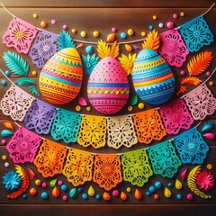 Mexican Papel Picado Colorful paper banners with egg motifs