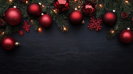 Christmas background with red ornaments and garland on a dark black table