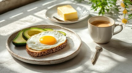 A sunny breakfast scene featuring a slice of bread topped with a fried egg, avocado, butter, and a cup of coffee, complemented by fresh greenery.