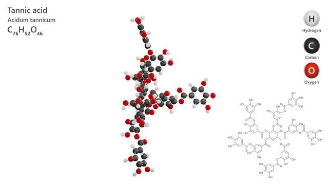 Tannic Acid. Animated 3D model of a molecule. Molecular formula: C76H52O46. Chemical model: Ball and sticks. White background. 3D rendering. Seamless loop.