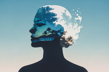 Double exposure of woman, silhouette. The woman face is seen in the double exposure ocean, representing relaxation, meditation, and self-discovery. A serene blend of the mind and the nature