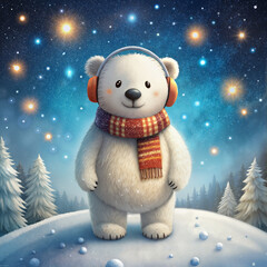 Christmas bear in scarf and snow illustration