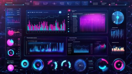 A futuristic data dashboard displaying various graphs and metrics in vibrant colors.